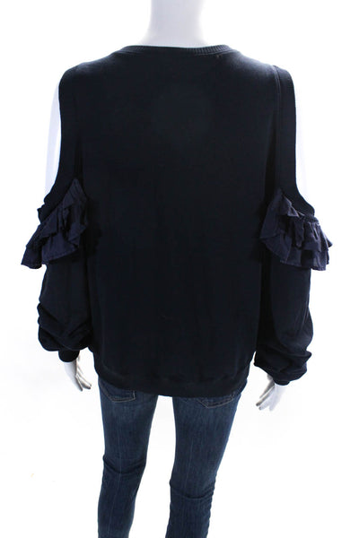 Clu Womens Scoop Neck Cold Shoulder Ruffled Sweatshirt Navy Blue Cotton Small