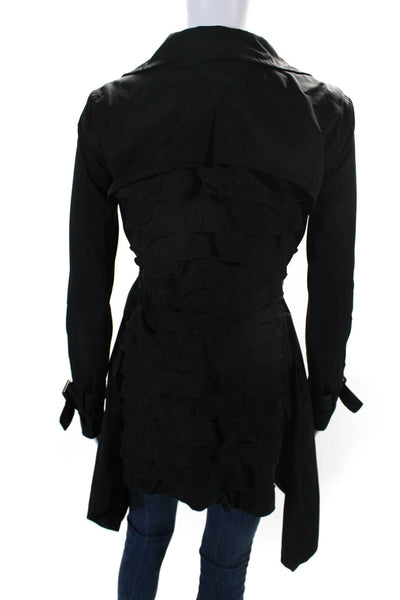 BCBG Max Azria Womens Buttoned Belted Collar Long Sleeve Raincoat Black Size XS
