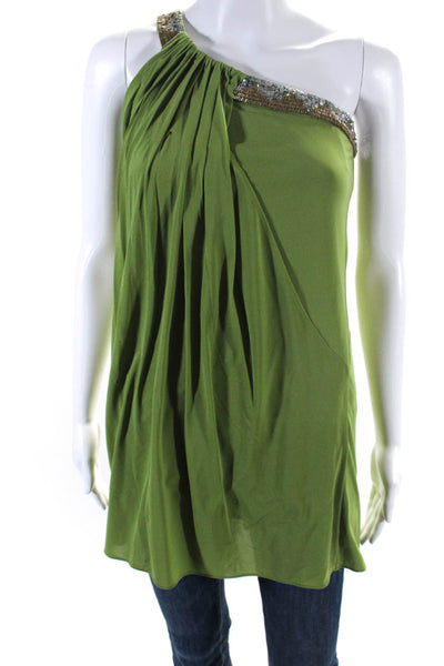 BCBG Max Azria Womens Embroidered Pleated One Shoulder Blouse Green Size XS