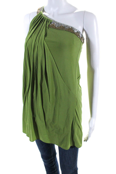 BCBG Max Azria Womens Embroidered Pleated One Shoulder Blouse Green Size XS