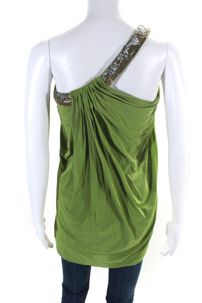 BCBG Max Azria Womens Embroidered Pleated One Shoulder Blouse Green Size XS