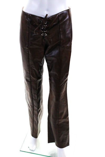 ROTATE Women's Pull-On Lace Up Front Faux Leather Straight Leg Pant Brown Size 8