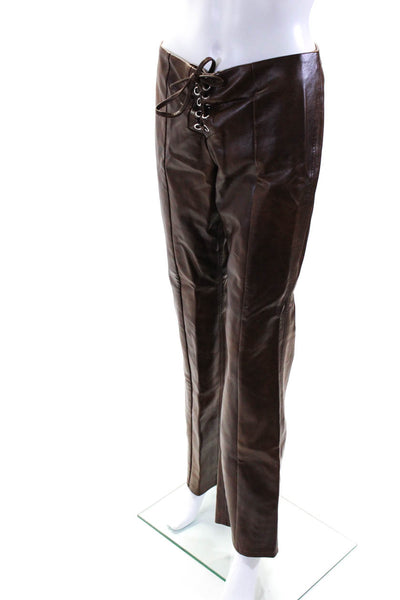 ROTATE Women's Pull-On Lace Up Front Faux Leather Straight Leg Pant Brown Size 8