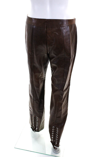 ROTATE Women's Pull-On Lace Up Front Faux Leather Straight Leg Pant Brown Size 8