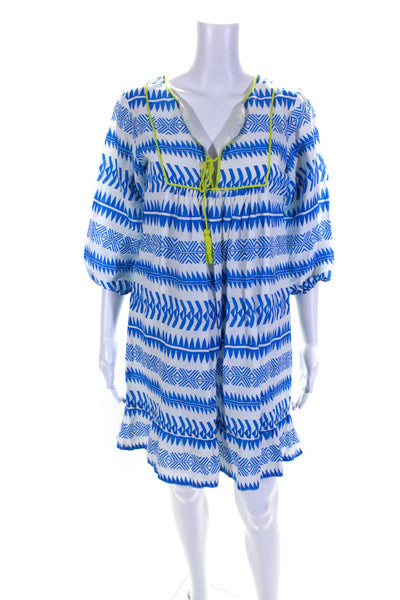 Seraphina Womens Blue White Printed Linen V-Neck 3/4 Sleeve A-Line Dress Size S