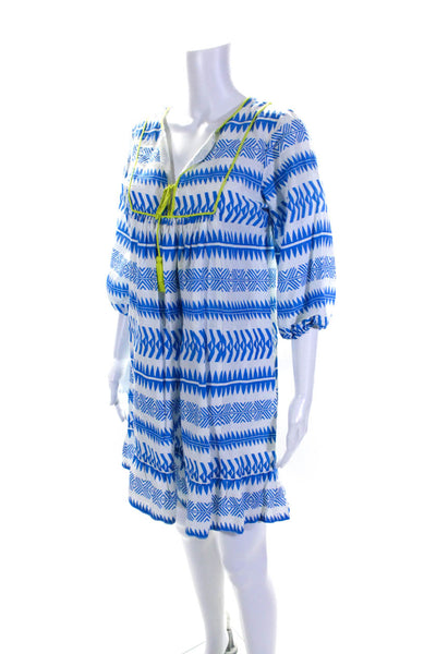 Seraphina Womens Blue White Printed Linen V-Neck 3/4 Sleeve A-Line Dress Size S