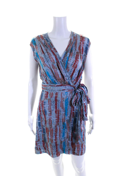 Catherine Malandrino Womens Sleeveless Striped Abstract Silk Wrap Dress Blue 2