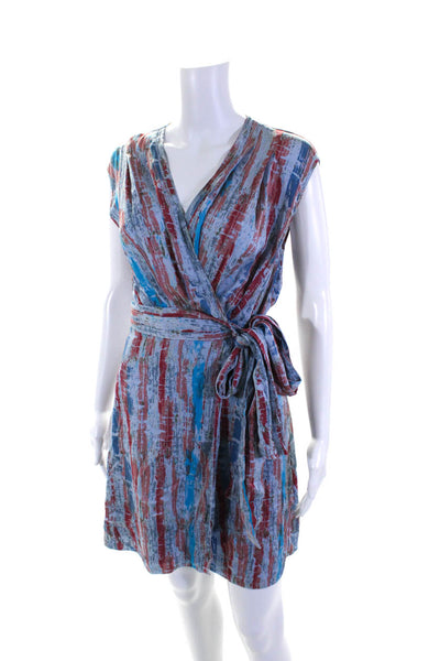 Catherine Malandrino Womens Sleeveless Striped Abstract Silk Wrap Dress Blue 2