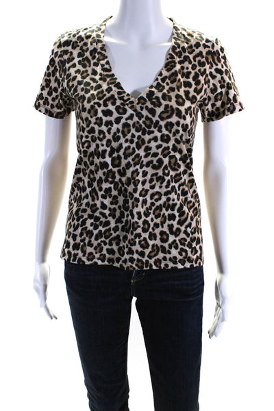 Veronica Beard Womens Leopard Print Short Sleeved V Neck T Shirt Brown Size XS