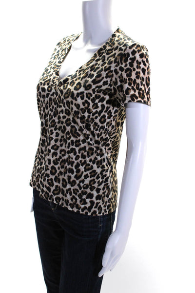 Veronica Beard Womens Leopard Print Short Sleeved V Neck T Shirt Brown Size XS