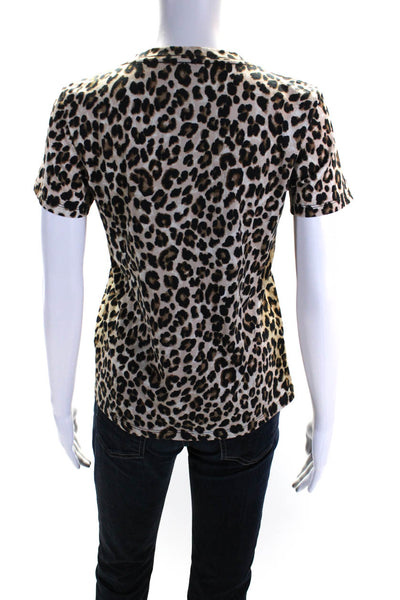 Veronica Beard Womens Leopard Print Short Sleeved V Neck T Shirt Brown Size XS