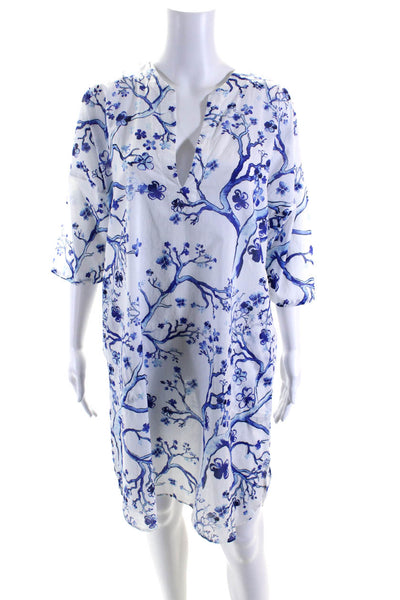 Vilebrequin Womens Half Sleeve V Neck Floral Shirt Dress White Blue Size 2XS