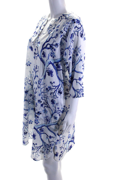 Vilebrequin Womens Half Sleeve V Neck Floral Shirt Dress White Blue Size 2XS