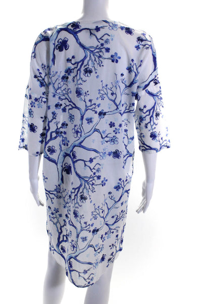 Vilebrequin Womens Half Sleeve V Neck Floral Shirt Dress White Blue Size 2XS