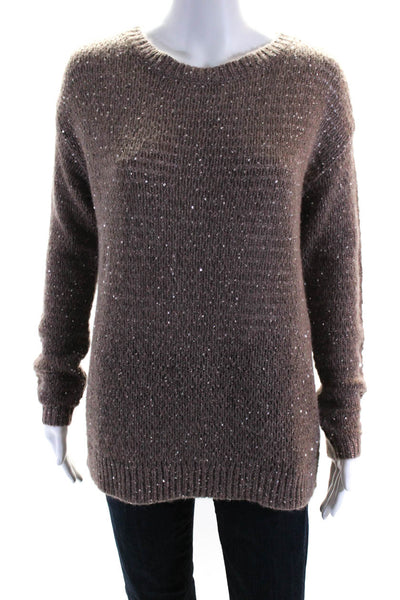 Nordstrom Womens Scoop Neck Open Knit Sequin Sweater Brown Size 2XS
