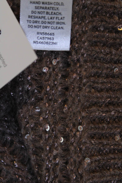 Nordstrom Womens Scoop Neck Open Knit Sequin Sweater Brown Size 2XS