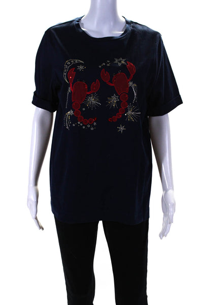 Muveil Womens Stars & Moons Lobster Tee Shirt Navy Blue Red Cotton Size FR 42
