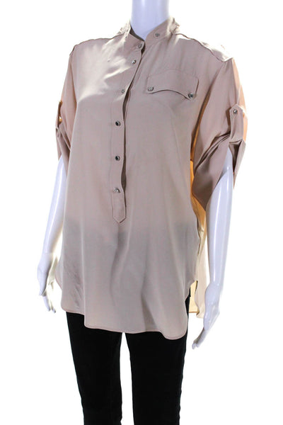 Belstaff Womens Button Front Half Sleeve Crew Neck Silk Shirt Brown Size IT 40