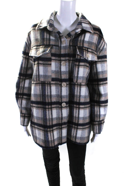 Evereve Womens Plaid Button Down Mid Length Oversized Fit Shacket Blue Size S