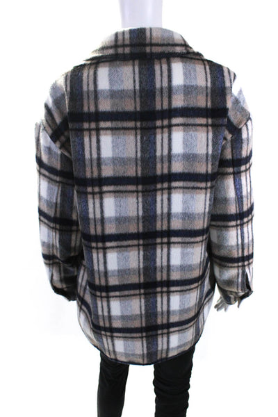 Evereve Womens Plaid Button Down Mid Length Oversized Fit Shacket Blue Size S