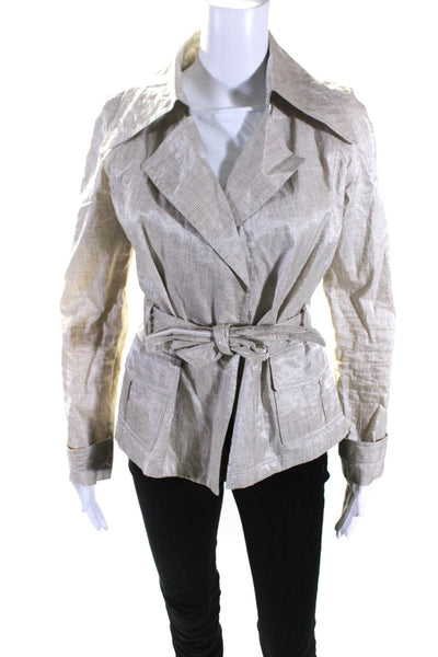 Armani Collezioni Womens Linen Plaid Belted Jacket Beige Size EUR 40