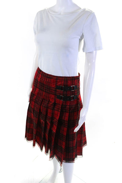 Strenesse Womens Plaid Pleated Knee Length A Line Skirt Red Size 2