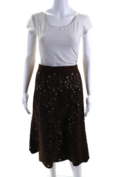 Charles Nolan Womens Back Zip Floral Laser Cut Midi A Line Skirt Brown Size 6