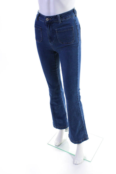 Oraije Womens Front Pocket Slim Medium Wash High Rise Flared Jeans Blue Size 34