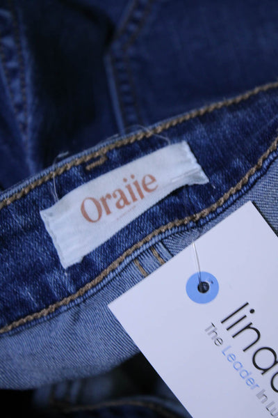 Oraije Womens Front Pocket Slim Medium Wash High Rise Flared Jeans Blue Size 34