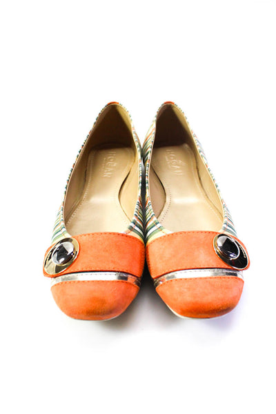 Hogan Womens Stripe Satin Suede Cap Toe Ballet Flats Green Orange Size 7.5