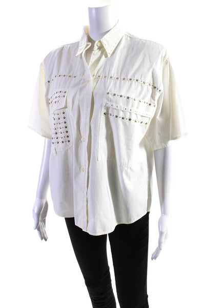 Exit Shops Womens Vintage Star Studded Short Sleeve Shirt Blouse White Medium