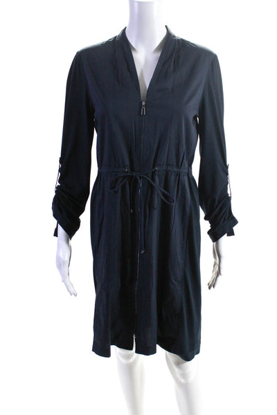 Tahari Womens Front Zip 3/4 Sleeve V Neck Dress Navy Blue Cotton Size 6