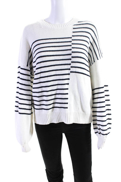 Frame Womens Pullover Crew Neck Striped Sweater White Black Cotton Size Medium