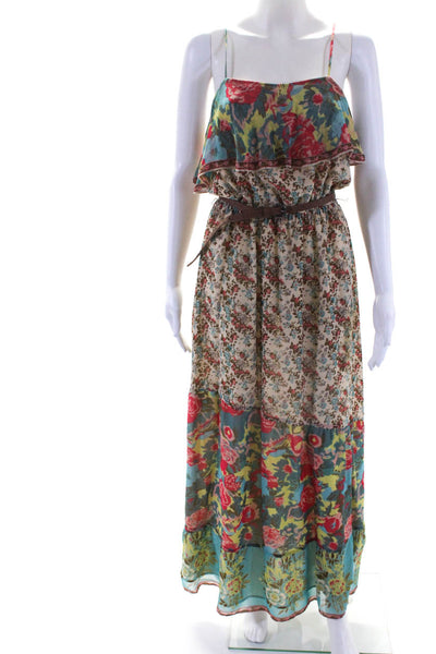 Joie Womens Spaghetti Strap Ruffled Floral Belted Silk Maxi Dress Multi Medium