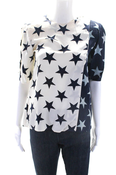 Albert Nipon Womens Vintage Contrast Star Short Sleeve Top Blue White Silk Sz 8