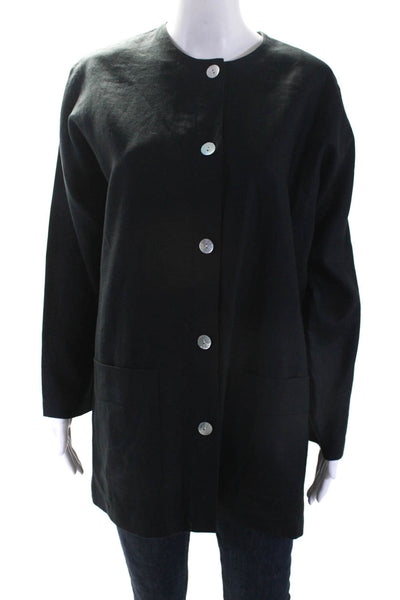 Adrienne Vittadini Womens Vintage Long Button Up Woven Jacket Black Linen Petite