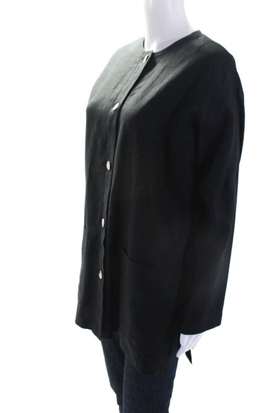 Adrienne Vittadini Womens Vintage Long Button Up Woven Jacket Black Linen Petite