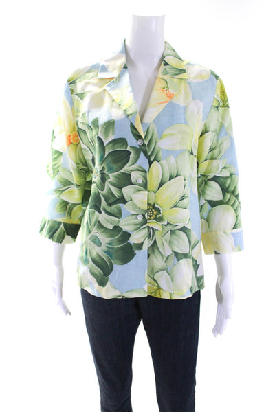 Linda Allard Ellen Tracy Women Floral 3/4 Sleeve Jacket Blue Green Linen Size 10