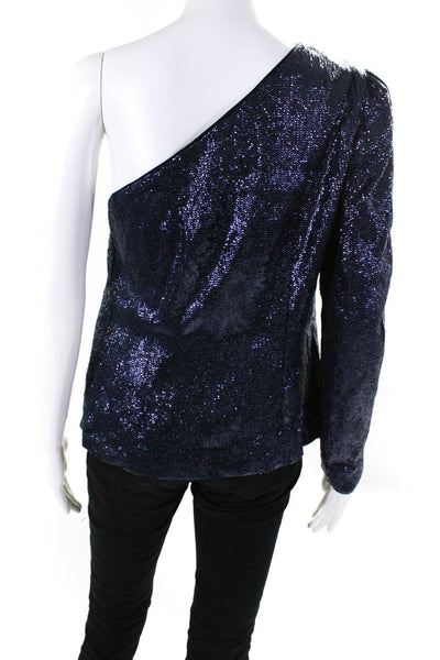 Rachel Zoe Womens Metallic One Shoulder Long Sleeve Blouse Top Blue Size 6