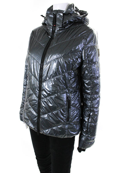 Bogner Womens Fire + Ice Metallic Zippered Hooded Puffer Coat Dark Gray Size 8