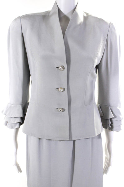 Designer Womens Vintage Rhinestone Button Ruffle Hem Skirt Suit Gray Size Medium
