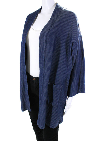 Eileen Fisher Womens Check Jacquard Open Front Robe Jacket Blue Size Medium