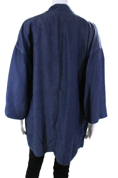 Eileen Fisher Womens Check Jacquard Open Front Robe Jacket Blue Size Medium