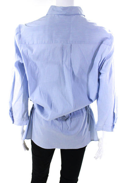 Gerard Darel Womens Drawstring Waist Button Up Tunic Blouse Blue White FR 44
