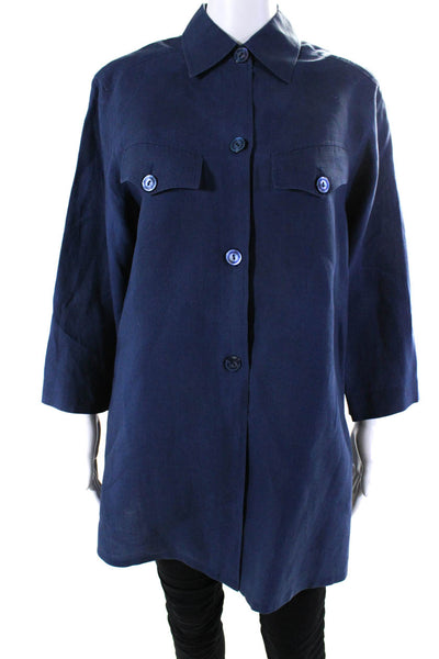 Max Mara Womens 3/4 Sleeve Side Split Button Up Tunic Blouse Blue Linen Size 6
