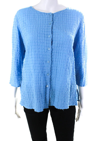 Eileen Fisher Womens Textured Check 3/4 Sleeve Button Up Top Blouse Blue Size XS
