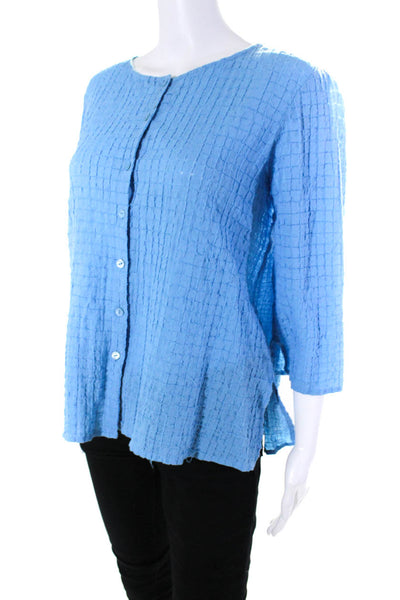 Eileen Fisher Womens Textured Check 3/4 Sleeve Button Up Top Blouse Blue Size XS
