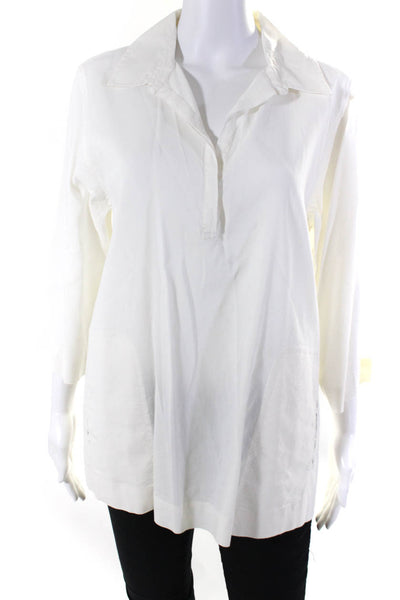 Eileen Fisher Womens Collared 3/4 Sleeve Tunic Blouse White Linen Size Small