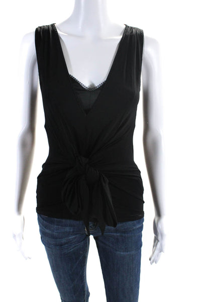 Elie Tahari Womens Solid Black V-neck Tie Front Sleeveless Blouse Top Sie XS