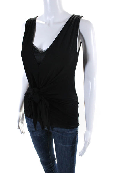 Elie Tahari Womens Solid Black V-neck Tie Front Sleeveless Blouse Top Sie XS